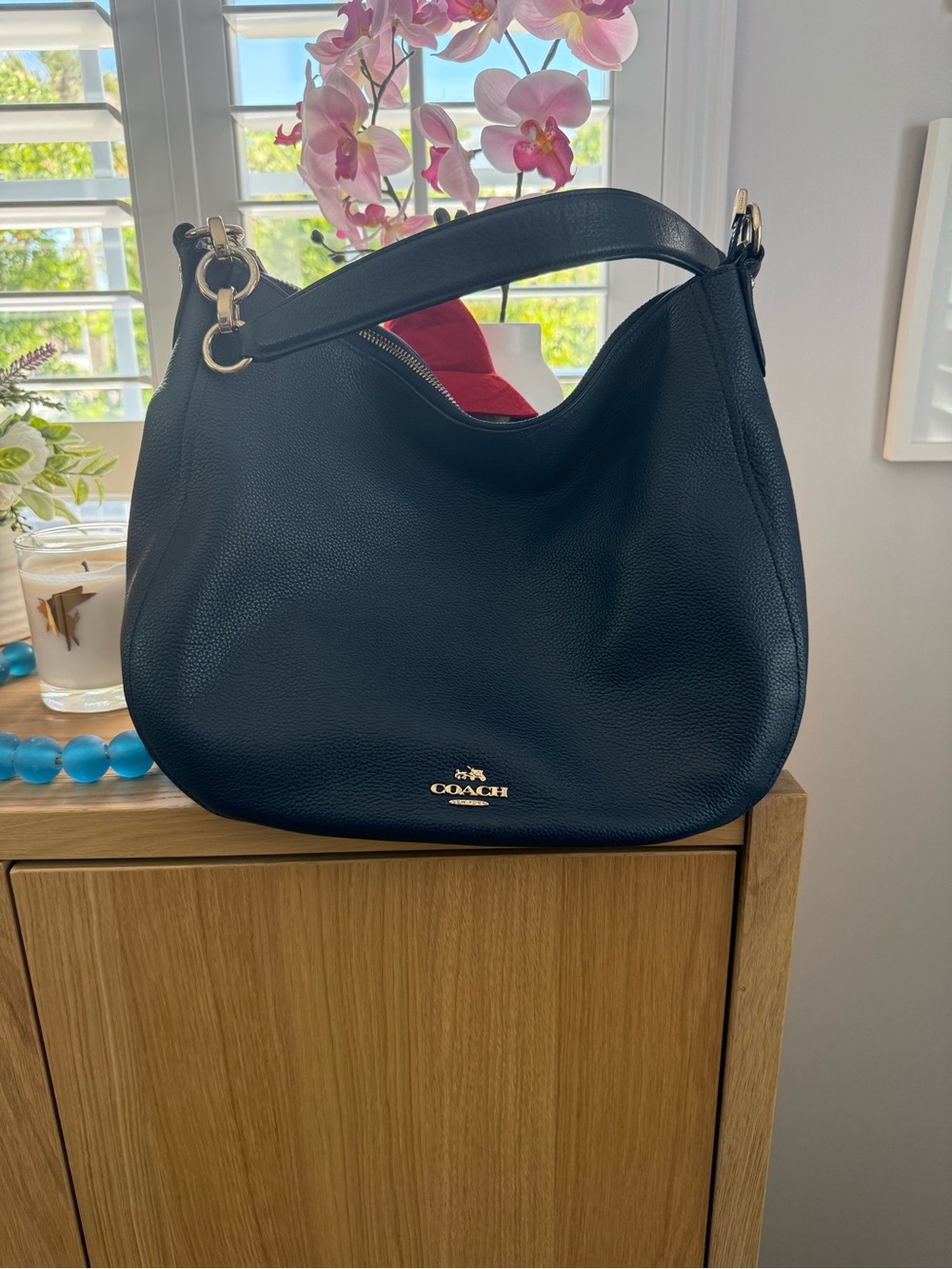Coach Navy Pebbled Leather Hobo with Gold Hardware